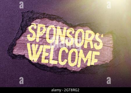 Inspiration showing sign Sponsors Welcome. Word Written on announcing that you accept investing in your company Replacing Old Wallpaper Design Stock Photo
