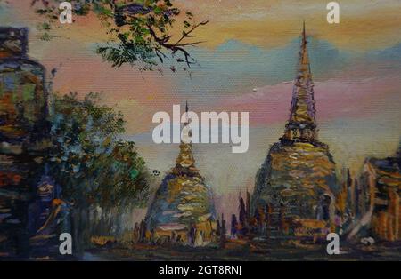 Art painting  oil  color Temple Buddha statue thailand , Ayutthaya Historical Park , Wat Phrasisanph Stock Photo