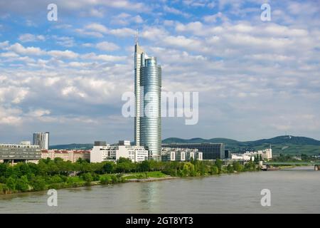 01 June 2019 Vienna, Austria - Millennium Tower on Danube river, modern business centre in Vienna. Sunny summer morning Stock Photo