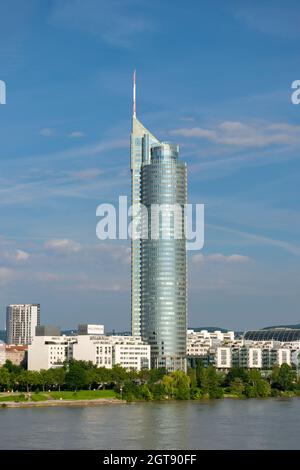 01 June 2019 Vienna, Austria - Millennium Tower on Danube river, modern business centre in Vienna. Sunny summer morning Stock Photo