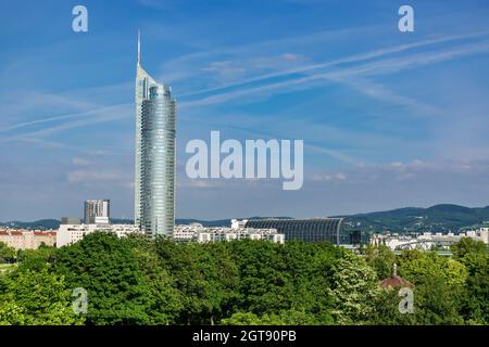 01 June 2019 Vienna, Austria - Millennium Tower on Danube river, modern business centre in Vienna. Sunny summer morning Stock Photo