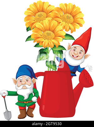 Gnomes with flowers inside watering can in cartoon character on white background Stock Vector