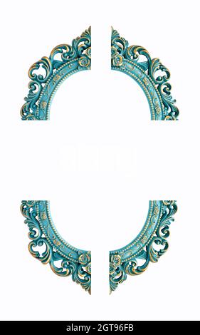 Turquoise and gold gilded carved oval frame, isolated on white background Stock Photo