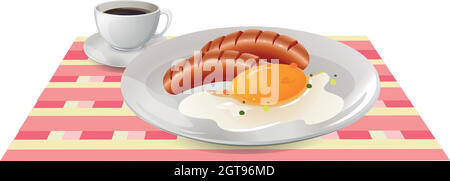 Breakfast with egg and sausages on table Stock Vector