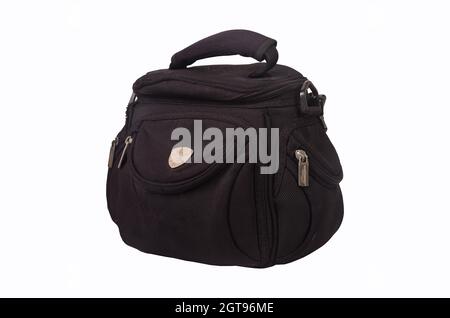 Black bag designed for digital camera, isolated on white background Stock Photo