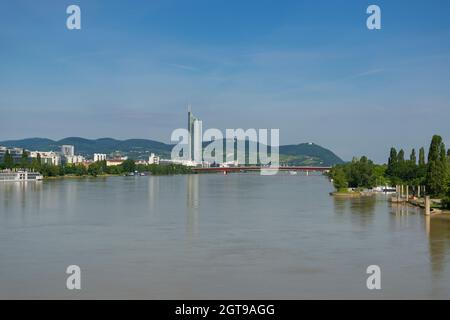 01 June 2019 Vienna, Austria - Millennium Tower on Danube river, modern business centre in Vienna. Sunny summer morning Stock Photo