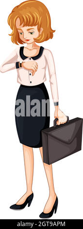 A woman watching her watch while holding an attache case Stock Vector