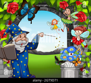 Wizard and fairies flying in garden Stock Vector