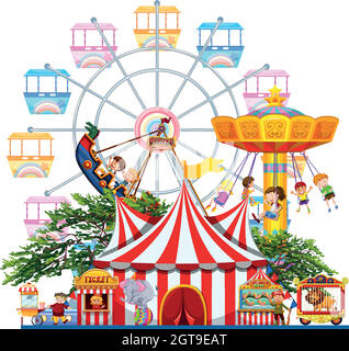 Theme park scene with many rides and happy children illustration Stock ...