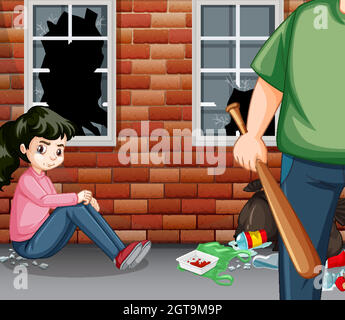 Scene with man beating up teenage girl on the street Stock Vector