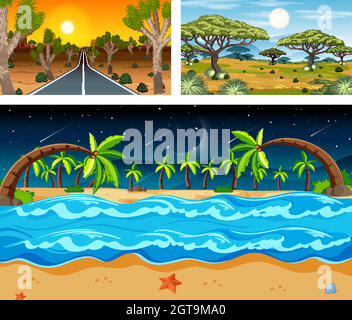 Three different nature landscape scenes Stock Vector