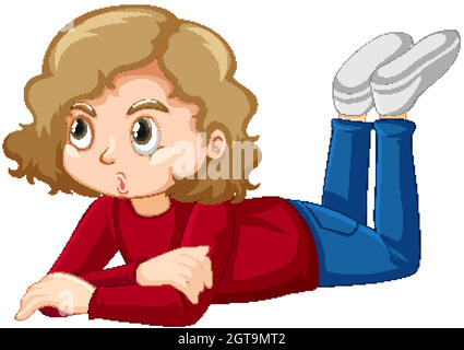 Cute girl in red shirt laying on the floor Stock Vector