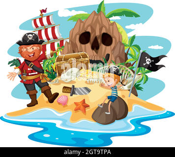 Pirate and little boy on treasure island Stock Vector