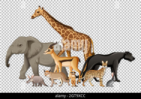 Group of wild african animals on transparent background Stock Vector