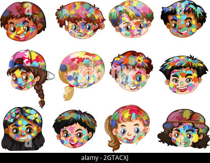 Faces of boys and girls with watercolor splash Stock Vector