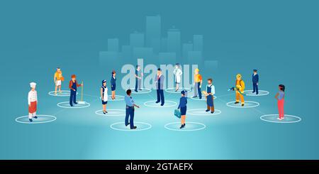 Vector of a network of people of different occupations and jobs standing on cityscape background Stock Vector