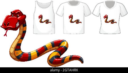 Red snake cartoon character with many types of shirts on white background Stock Vector