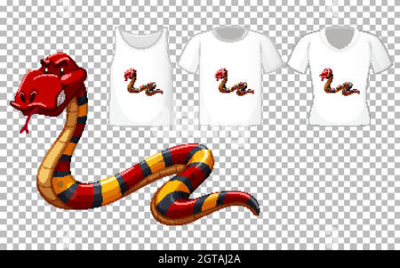 Red snake cartoon character with many types of shirts on transparent background Stock Vector