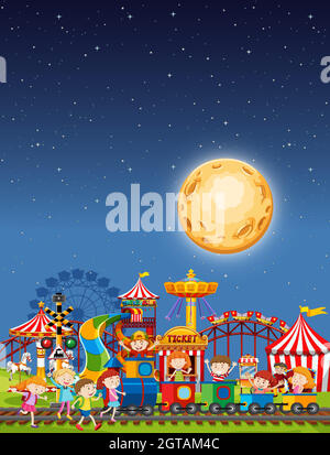 Amusement park scene at night with moon in the sky Stock Vector