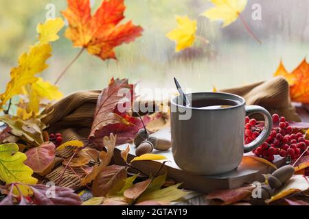 Autumn still life with a beautiful bokeh. Autumn leaves and a cup of hot steaming coffee or tea, pumpkins and an autumn harvest. Seasonal, morning Stock Photo