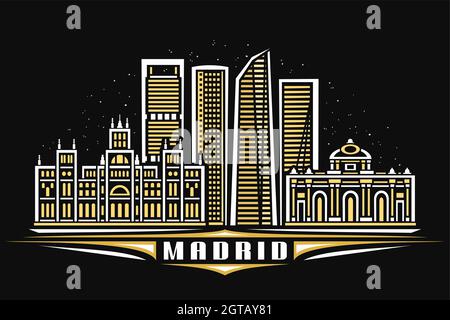 Vector illustration of Madrid, black horizontal poster with linear design illuminated madrid city scape, european urban line art concept with decorati Stock Vector