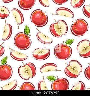 Vector Apple Seamless Pattern, square repeating background of whole and sliced cartoon red apples with seeds, decorative poster with cut out illustrat Stock Vector
