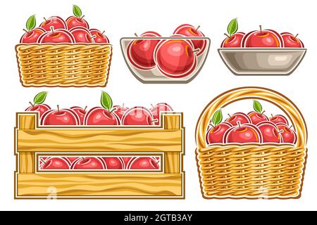 Vector set of Red Apples, lot collection of cut out illustrations fruity natural apples in glass bowl, red ripe fruits in cartoon design clay dishes a Stock Vector