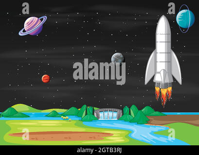 Scene with spaceship flying in the sky Stock Vector