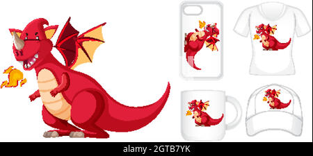 Graphic design on different products with red dragon Stock Vector