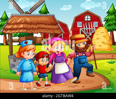 Happy family in the farm with red barn and windmill scene Stock Vector