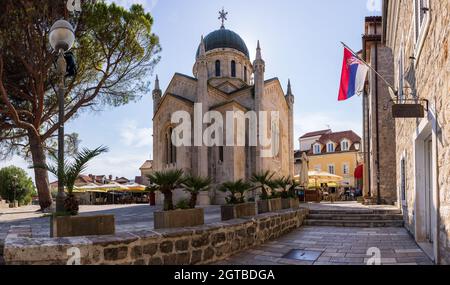 Herceg Novi, Montenegro - September 08 2021:The mail square of the old town of Herceg Novi, a medieval fortified city with churches and plazas, plus n Stock Photo