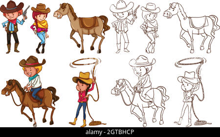 Cowboys and horses in colors and line Stock Vector