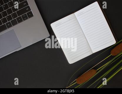 Home office desk. Laptop, mobile on dark background. Stylish workspace.  Stock Photo