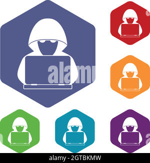 Computer hacker with laptop icons set Stock Vector