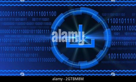 Download symbol centered into HUD elements on binary code background - blue banner design - data internet technology network concept Stock Photo