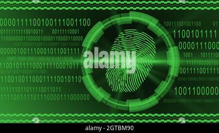 Fingerprint centered into HUD elements on binary code background - green banner design - security scanning identification concept Stock Photo