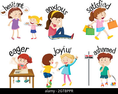 Set of children expressing feelings with adjective words Stock Vector ...