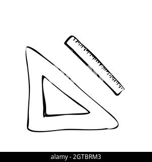 A triangular ruler and a simple ruler on a white isolated background. School supplies. Sketch. Scrawl. Vector illustration Stock Vector