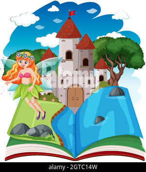 Fairy tales and castle tower on pop up book cartoon style on white background Stock Vector