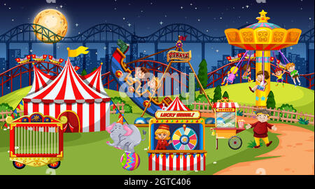 Amusement park scene at night with moon in the sky Stock Vector