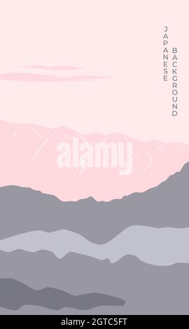 Poster pink mountain landscape at sunset with river in asian japanese style. Mountain landscape japanese background. Vector illustration Stock Vector