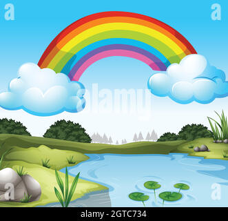 A beautiful scenery with a rainbow in the sky Stock Vector