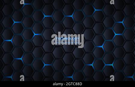Dark gray hexagonal technology vector abstract background. Blue bright ...