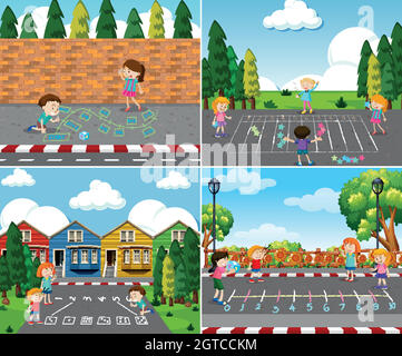Scene with four happy children playing in the field illustration Stock ...