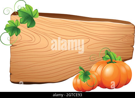 Wooden board and pumpkins on vine Stock Vector