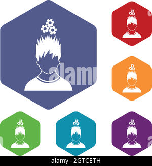 Man with metal gears over head icons set Stock Vector