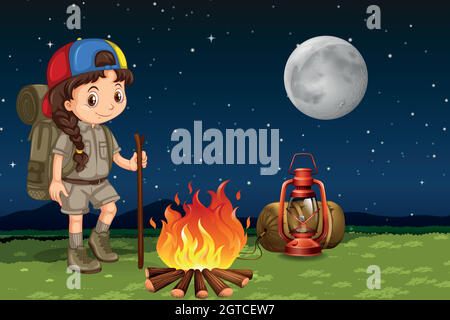 A girl camping at night illustration Stock Vector Image & Art - Alamy