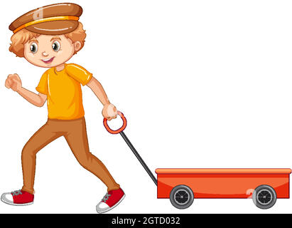 Boy in yellow shirt pulling wagon Stock Vector