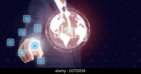 Businessman touching to padlock with keyhole icon for personal access security systems, the concept of cyber information data and privacy on hight tec Stock Photo