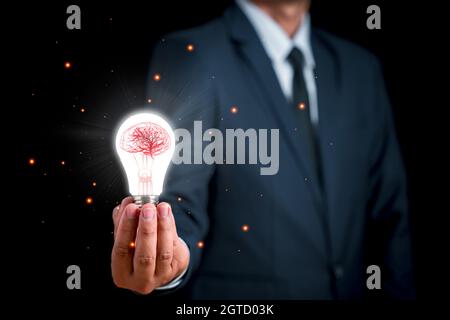 Light bulb with a brain inside the hands of the businessman. Brain on business analysis, innovation and growth development. The concept of the busines Stock Photo